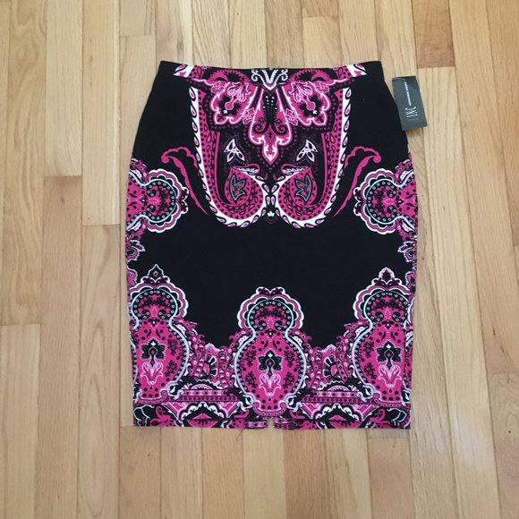INC International Concepts Black Pink Paisley Pencil Skirt Size 0 NWT - Picture 1 of 8